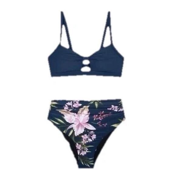 Cupshe Women’s Bikini Set Medium Blue Floral High Waist Two Piece Swimsuit Suit - Picture 7 of 8